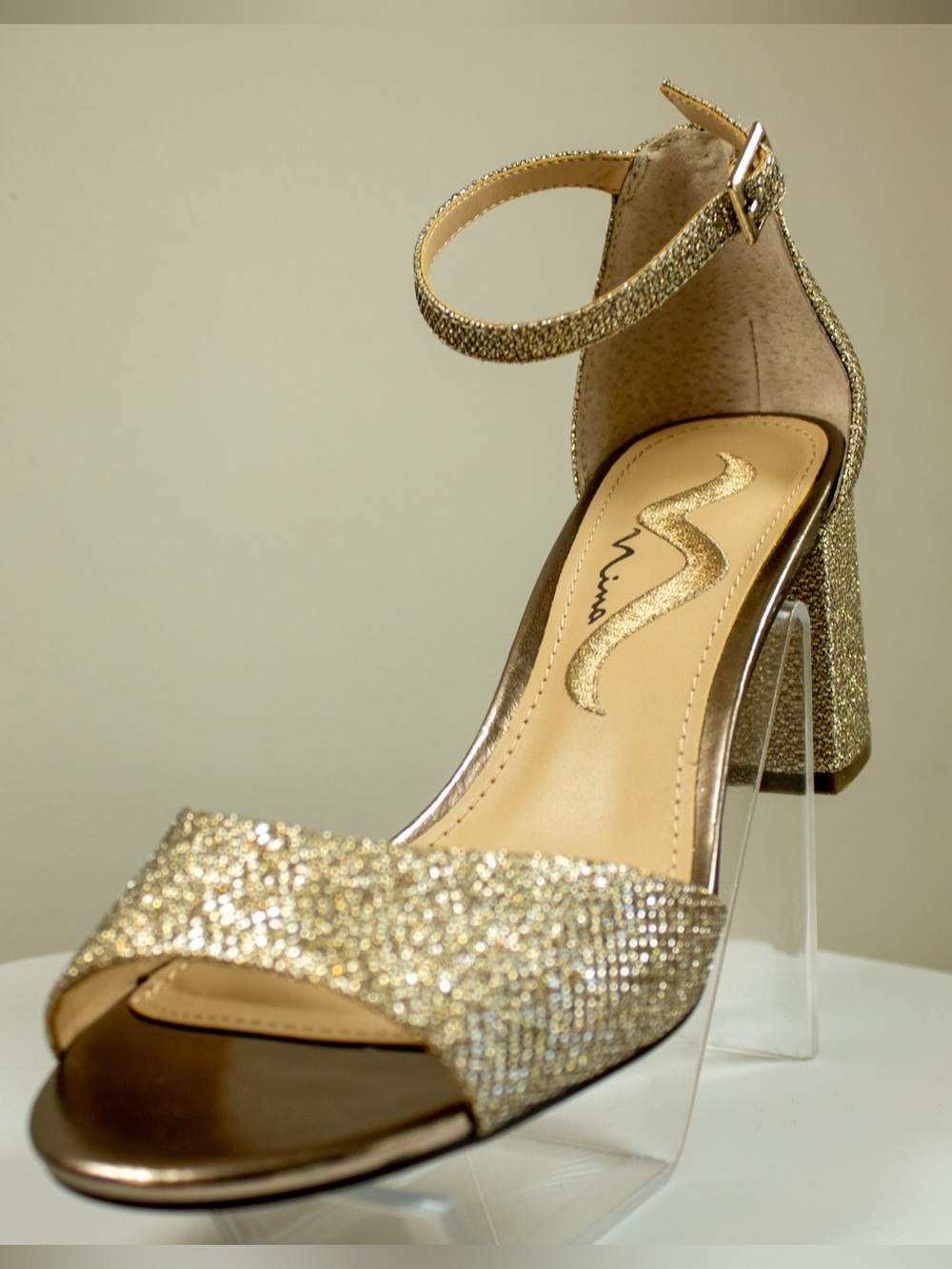 Nina Gold Glitter Ankle-Strap Open-Toe Block Heel Sandal Women Dressy Shoes Sz 6